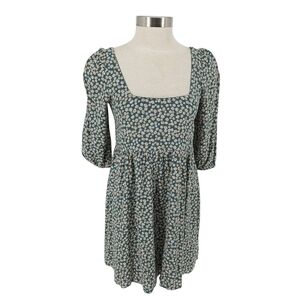 American Eagle Babydoll Dress Green 90s Floral Puff 3/4 Sleeve Tasseled Back XS